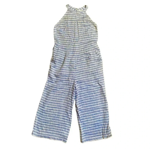 LOFT Outlet Light Blue White Striped Linen Blend Sleeveless Jumpsuit M - Picture 1 of 10